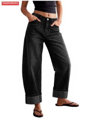 Womens Barrel Jeans Wide Leg Cuffed Baggy Cropped Denim Pants